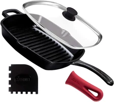 Cast Iron Square Grill Pan + Glass Lid + Pan Scraper + Handle Cover - 10.5" Pre-