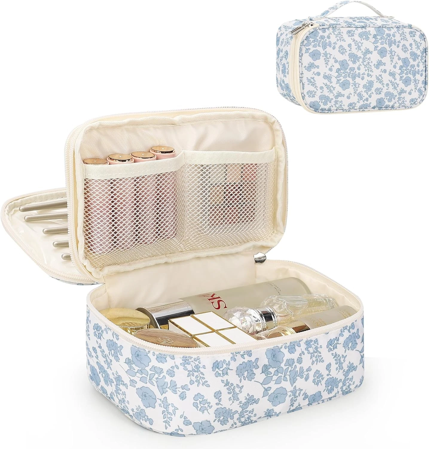 Relavel Travel Makeup Bag Double Layer Cosmetic Organizer Floral Brush Holder