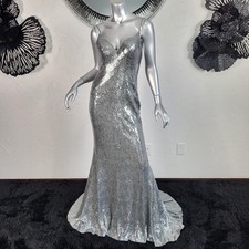 NWT 398 FAVIANA SZ 6 SILVER GRAY SEQUIN PROM EVENING GOWN MAXI BACKLESS DRESS
