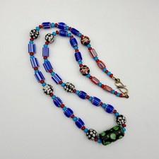 Antique white heart venetian style blue chevron glass beads necklace n9-8Gift
