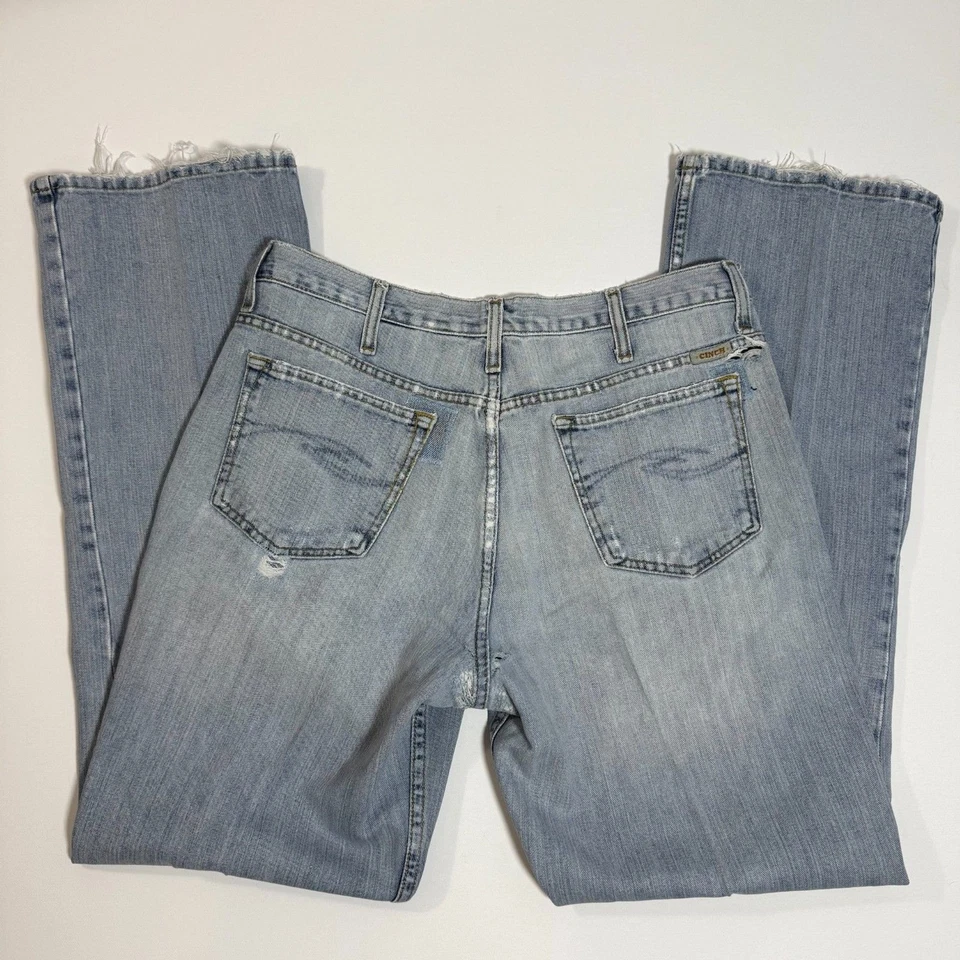 Cinch Western Jeans Straight Leg Men's Size 35x34 5 Pocket Distressed Light Wash - Image 2 of 4