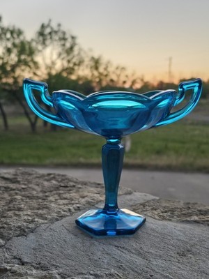 Vintage Westmoreland Blue Glass Keystone Colonial Compote Candy Dish NICE MCM 
