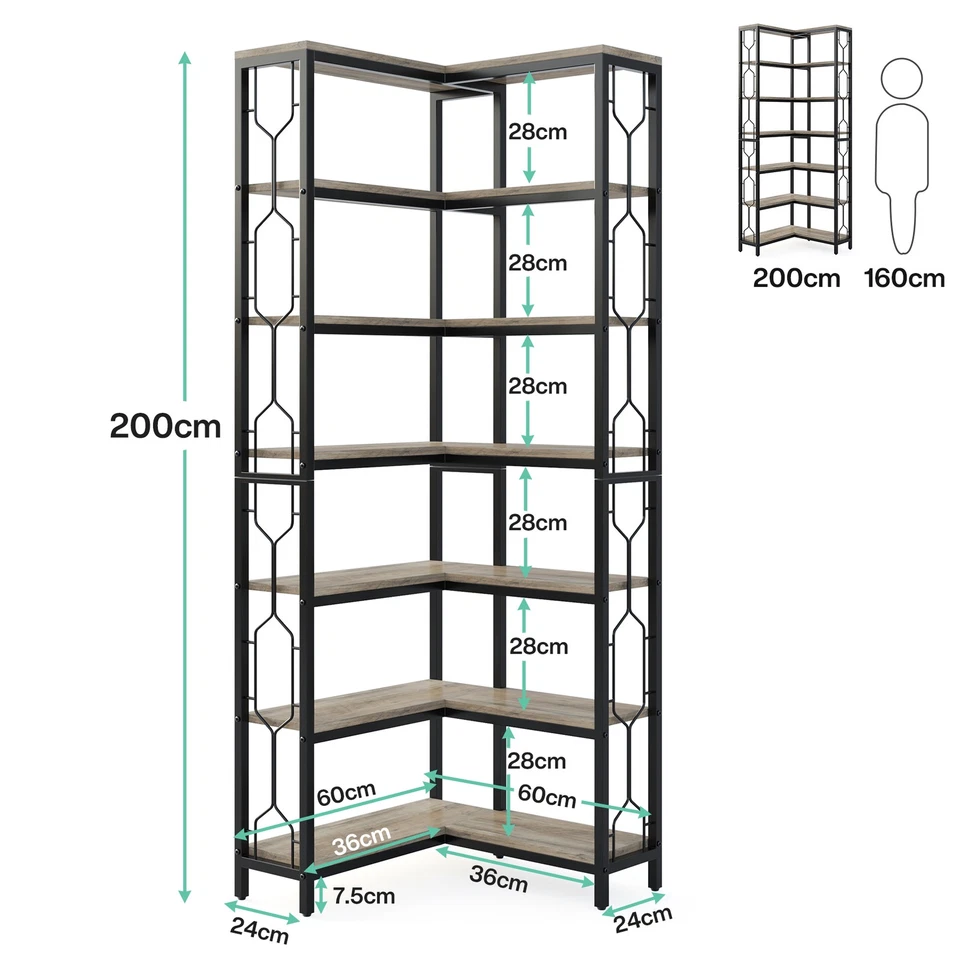 Corner Bookshelf, 7 Tier Industrial Corner Bookcase,Freestanding Display Shelf - Image 3 of 4