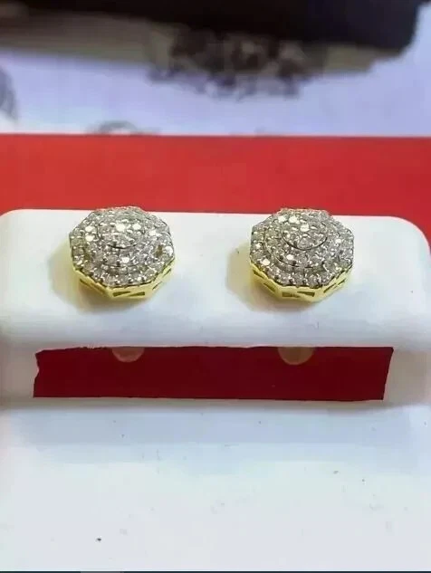 2Ct Round Lab Created Diamond Men's Cluster Stud Earrings 14k Yellow Gold Plated — 第 2/3 张图片