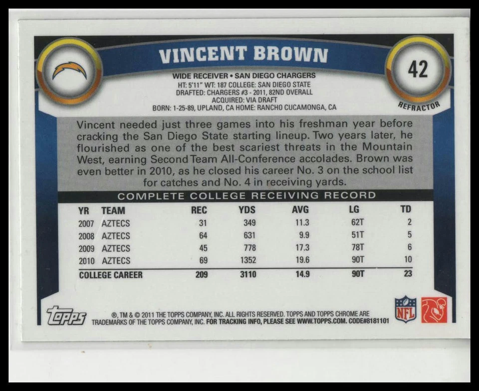 2011 Topps Chrome Xfractor  #42 - Vincent Brown RC - San Diego Chargers - Image 2 of 2
