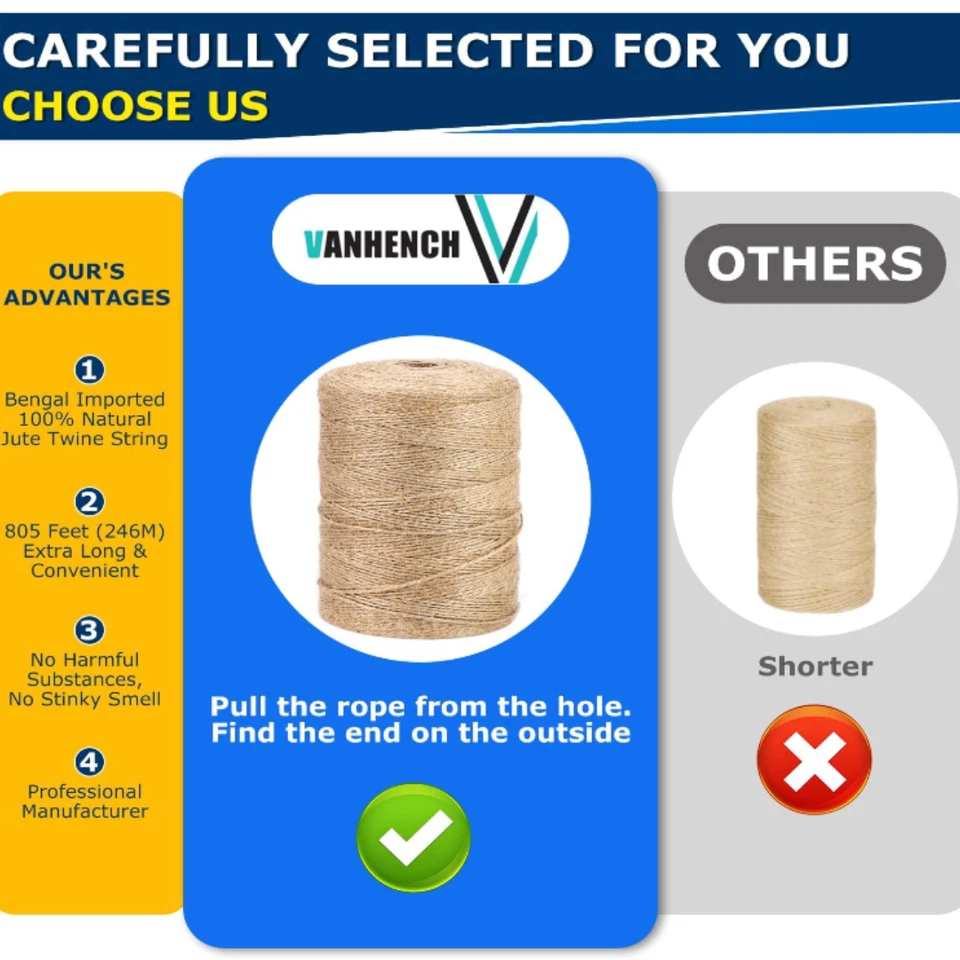 黄麻绞线麻绳 805 英尺 (246 米) 2 米 3 层天然麻绳卷 DIY — 第 4/4 张图片