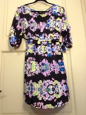 NEW Womens Dress Black Floral Pocket Cinch Waist Belt Dress Open Shoulder $59