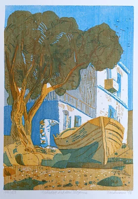 Strauchmann, Went  (1938 Kaunas)  Fischerdorf auf dem Peloponnes Farbholzschnitt - Bild 1 von 4