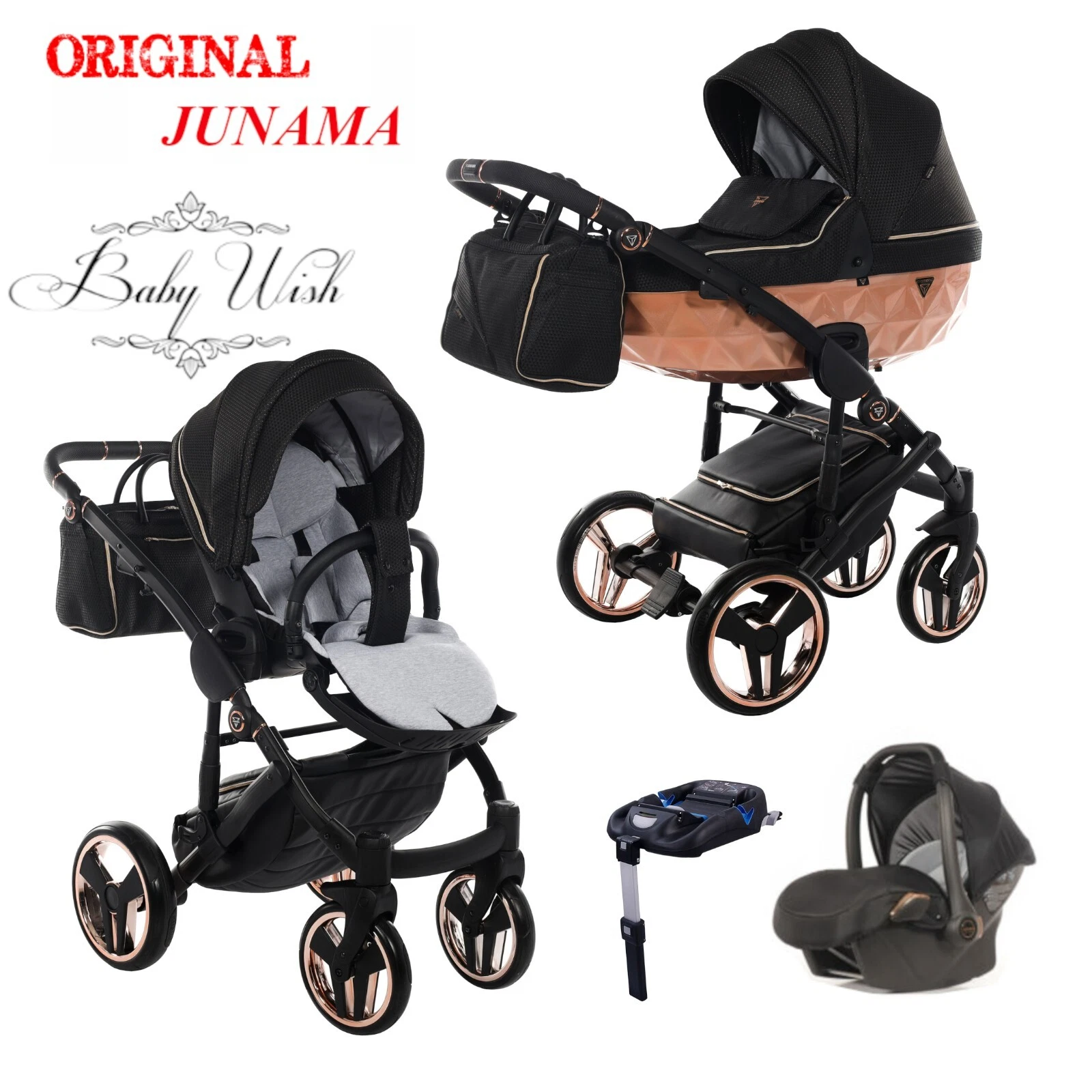 JUNAMA MIRROR SATIN V2 PRAM 2in1 3in1 CARRYCOT + PUSHCHAIR + CAR SEAT+ ISOFIX