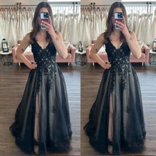 Gothic Black Wedding Dresses V Neck with Side Split Lace Appliques Bridal Gowns