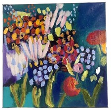 Original Art Abstract Floral Painting Acrylic Colorful Canvas 12x12 Happy Jungle