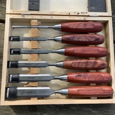 WoodRiver 6 Piece Chisel Set Used Once Wood Case Craftsman 1/4 Inch & Up Vtg
