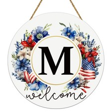 Letter M 4th of July Wreath, Patriotic, Monogram Welcome Sign, Wooden, Door
