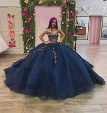 Navy Blue Princess Quinceanera Dresses Glitter Lace Applique Ball Gown Sweet 16