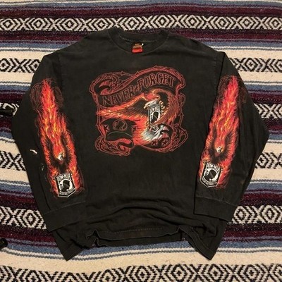 VTG 00s Hot Leathers Never forget POW MIA flame and barbed wire sleeve tshirt L