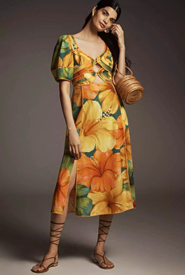 New Farm Rio x Anthropologie Linen Blend Puff-Sleeve Cutout Tropical Dress M