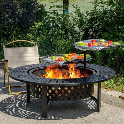 47 Inch Fire Pit with 2 Grills, Wood Burning Fire Pits for Outside with Lid