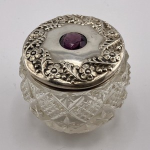 Cut Glass Sterling Lid Dresser Jar Purple Crystal Art Nouveau Vanity