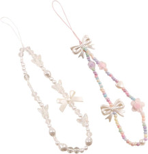 2 Pieces Cell Phone Charms Bow Set Lanyard Wrist Straps Rope Cute Sweet Crystal