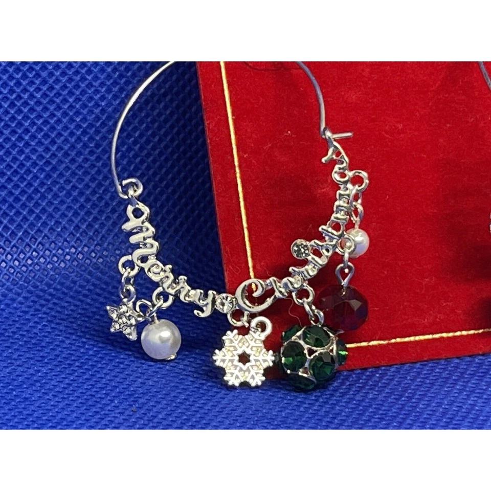 Merry Christmas Hoop Earrings Xmas Holidays Snowflake Silver Tone Crystal NWT - Image 2 of 4
