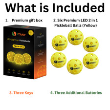 LED Pickleball Yellow 6-Pack w/ Key  3 Batteries   Night Play / Gift