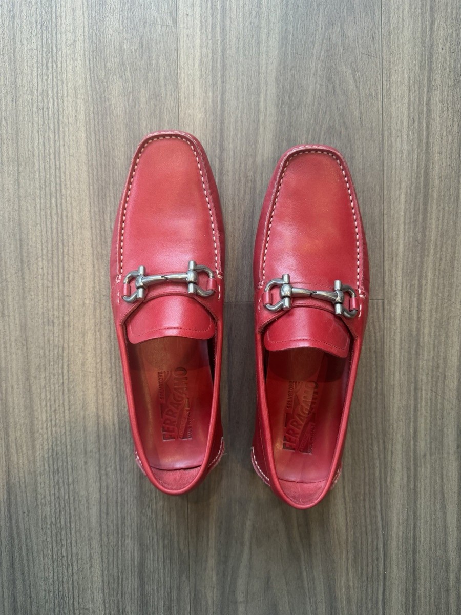 Salvatore Ferragamo Red Leather Loafer Metal Bit Contrast 