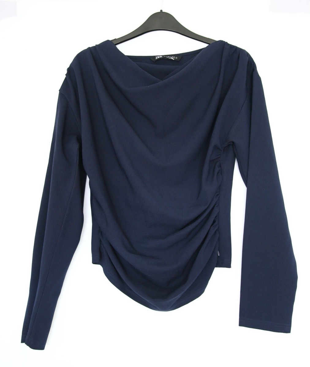 Zara size small long sleeve navy top shirt blouse Draped cowl neck Work  Outfit