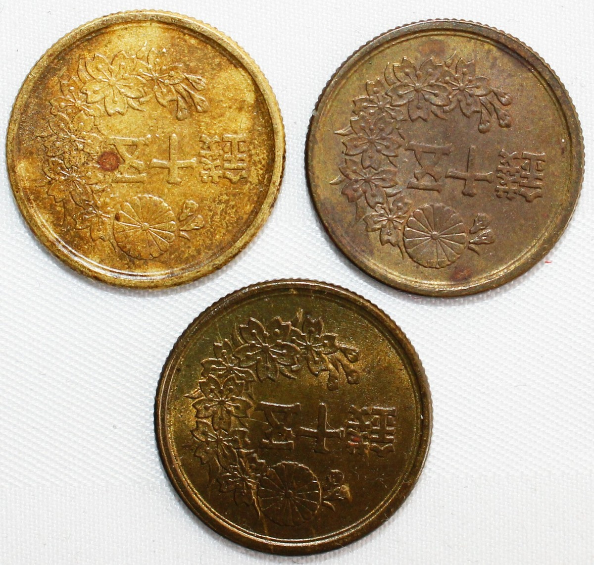 3 Coin Lot 1947-1948 Japan Brass 50 Sen Coins Circulated You Grade