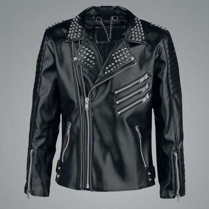 Men Rock Punk Style Black Leather Jacket with Studs for