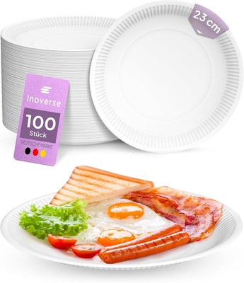 pack of 100 paper plates, white disposable plates, round 23 cm, environmental...