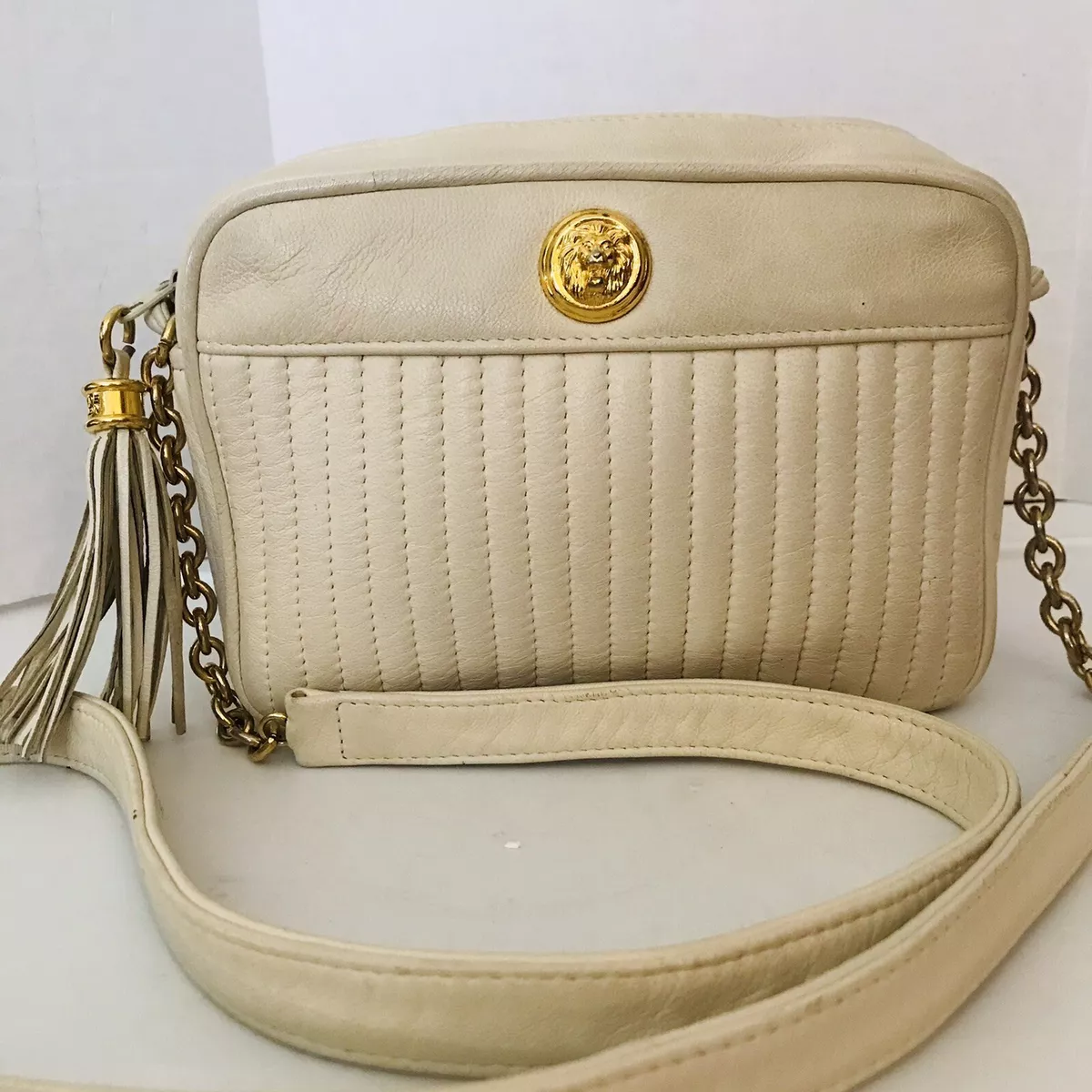 Anne Klein Leather Crossbody Purse Genuine Calderon Cream Embossed Lion Tassel