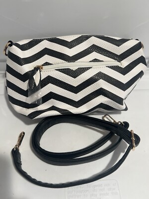 I M Love Shoulder Bag. Black & White Strips Gold Hardware. Phone Charger Pocket