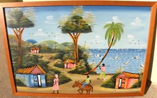 Haitian naive art colorful painting of coastal village