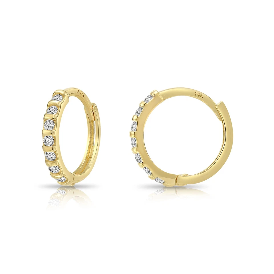 14K Solid Yellow Gold Dainty Pave CZ Eternity Huggie Hoop Earrings Small 12.5MM - Image 3 of 4
