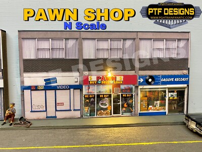 N Scale Scratch Built ''PAWN SHOP  Video + Record LED, Building Flat Walthers