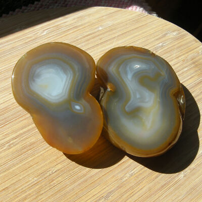 Polished Agate Geode Rock Pair of Two Half Slices Banded Gray and Brown Crystal