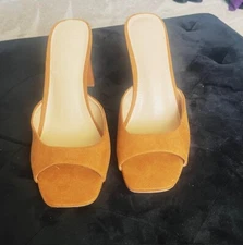 NEW-Just Fab Women's Camel Brown Suede Mule Slide Heel-Size 9.5