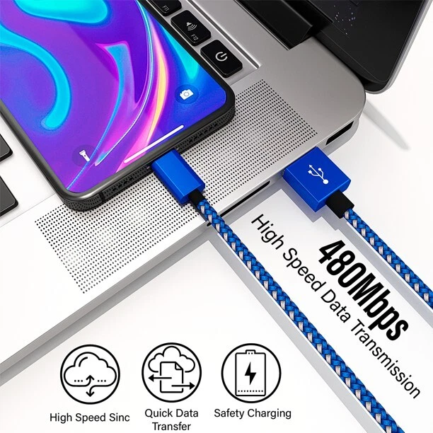 [3 Pack] 10ft Long MFI Certified Phone Charger Cable Heavy-Duty Durable Braided - Image 3 of 4