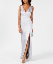 Adrianna Papell Textured Silver V-Neck Satin Slit Gown Dress 0 159