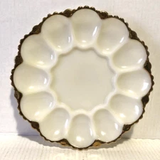 Vtg Fire King Milk Glass 22k Gold Edge Deviled Egg Plate MCM Grannycore Retro