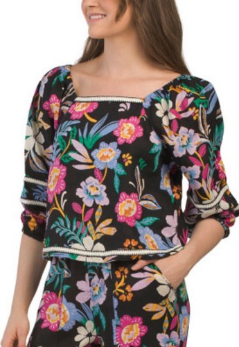 C&C California Womens Black Floral Linen Peasant Boho Top Blouse 3/4 Sleeve Sz L