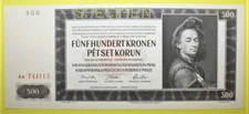 S12 - Bohemia & Moravia 500 Kr. 1942 Unc. Banknote P. 12 SN: Aa-744113 SPECIMEN