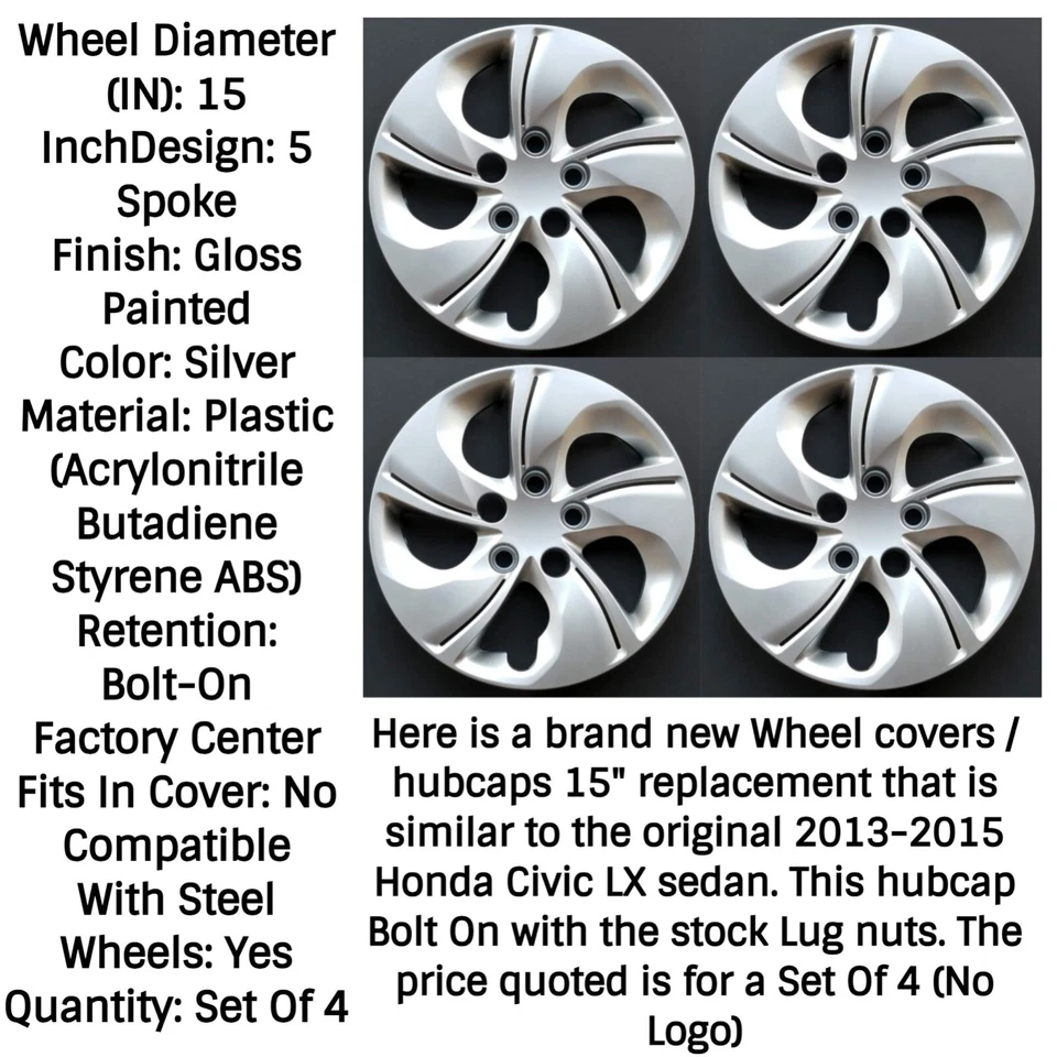 New Wheel Covers Hubcaps Fits 2013-2015 Honda Civic 15" Silver # 510-15S Foto 2 de 4