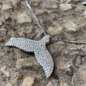 Authentic 1.50 Ct Round Real Moissanite Whale Tail Pendant Necklace 14K White Gold Plated