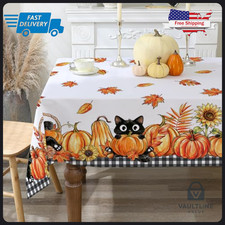 Cusugbaso 60x84 Inch Rectangular Fall Tablecloth - Black Cat Polyester Cover