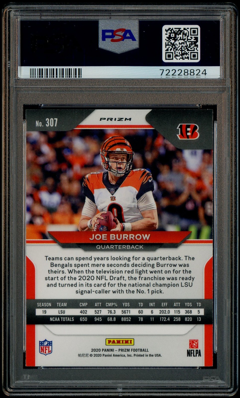 2020 Panini Silver Prizm #307 Joe Burrow Bengals RC Rookie PSA 10 GEM MINT view 2