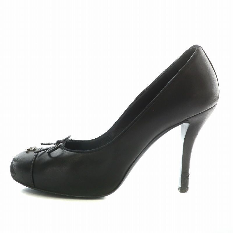 CHANEL Pumps Leather Round Toe with Ribbon and Coco Mark Size US 6.5 Black Women thumbnail 9