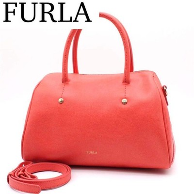 FURLA Alyssa 2-way Mini Boston Bag Orange Leather Women Handbag Good condition