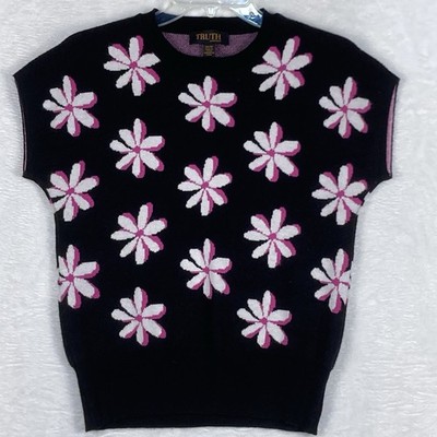 Truth By Republic Sweater Womens XS Black Pink Floral AOP Grandma Preppy Kawaii