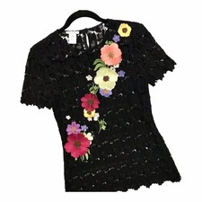 VTG Oscar De La Renta Rare Crochet Lace Top Floral Appliqué Black USA Sz 2